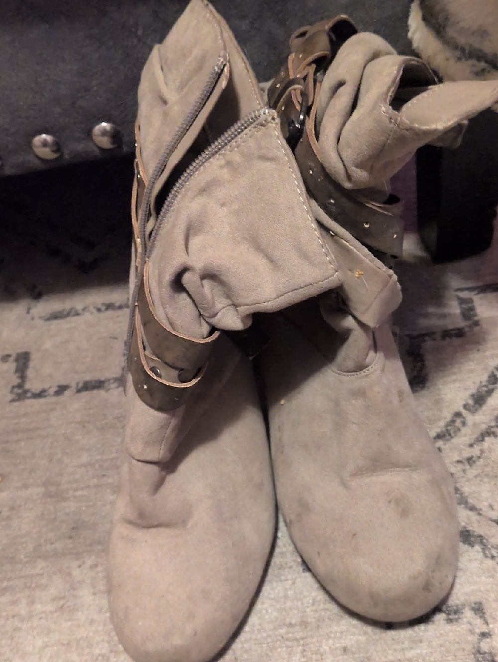 Taupe Suede Fold-Over Ankle Boots with Buckle Detail